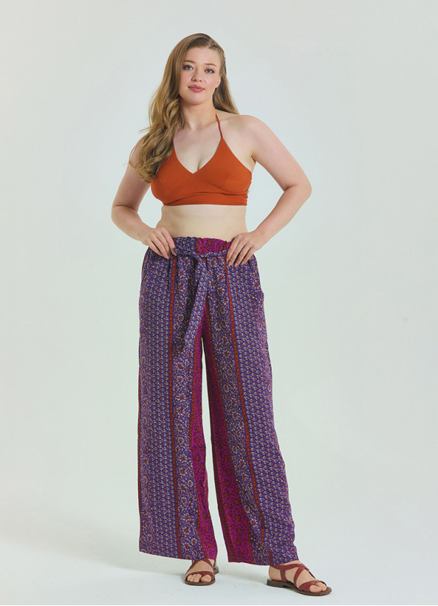 Purple Women's Plus Size Trousers with Elastic Waist Belt Detail 4618